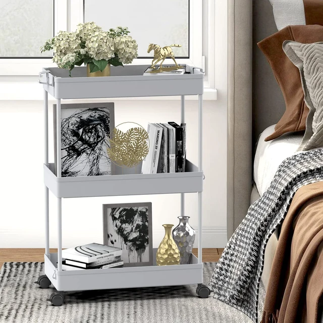 Alt view image 7 of 7 - 3 Tier Rolling Cart with Wheels, Storage Craft Art Trolley Organizer Serving, 3 Hanging Baskets Easy Assembly, for Office, Living Room, Kitchen, Gray