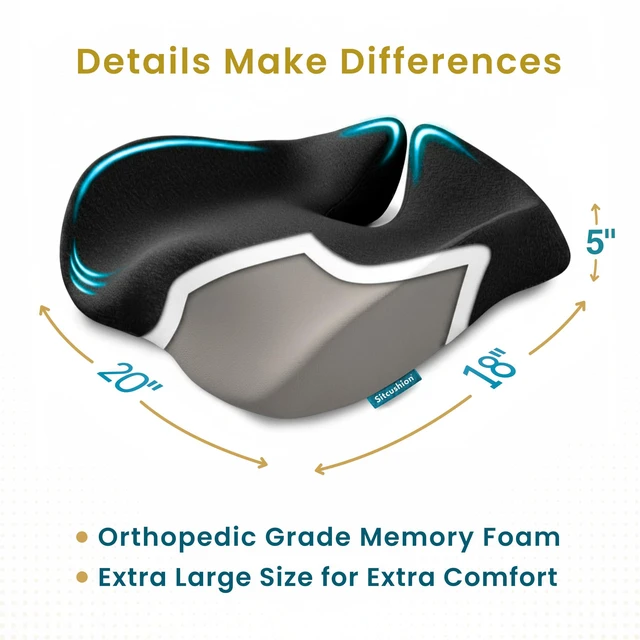 Alt view image 4 of 7 - Pressure Relief Seat Cushion for Tailbone Pain, Sciatica & Coccyx Pillow Extra Large Office Chair Cushion for Healthy Sitting Posture, Sciatica Pain Relief Pillow With Extra Cover (Black)
