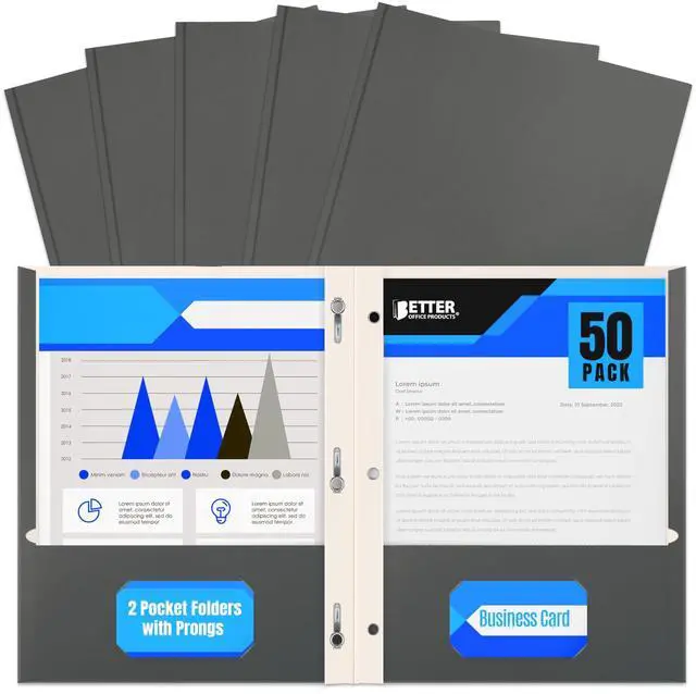 Main image of Gray Paper 2 Pocket Folders with Prongs, Matte Texture, Letter Size Paper Folders, 50 Pack, with 3 Metal Prong Fastener Clips, Gray
