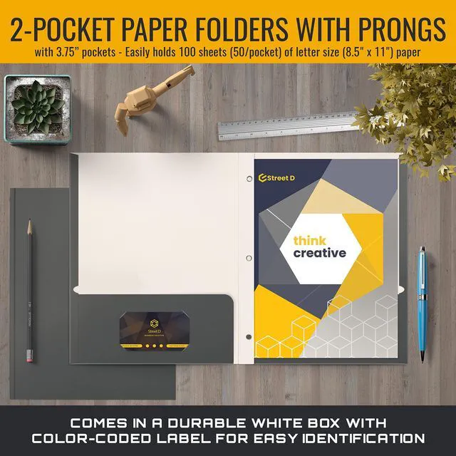 Alt view image 2 of 6 - Gray Paper 2 Pocket Folders with Prongs, Matte Texture, Letter Size Paper Folders, 50 Pack, with 3 Metal Prong Fastener Clips, Gray