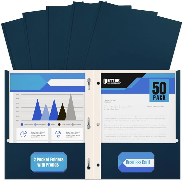 Main image of Navy Blue Paper 2 Pocket Folders with Prongs, 50 Pack, Matte Texture, Letter Size Paper Folders, 50 Pack, with 3 Metal Prong Fastener Clips, Dark Blue