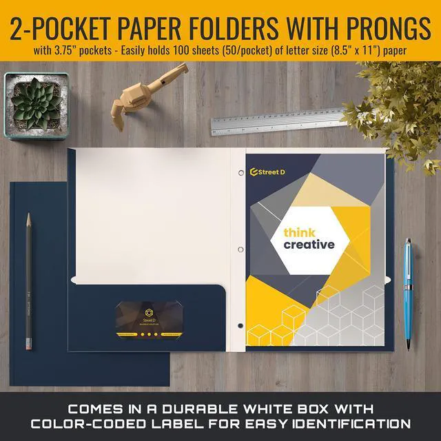Alt view image 2 of 6 - Navy Blue Paper 2 Pocket Folders with Prongs, 50 Pack, Matte Texture, Letter Size Paper Folders, 50 Pack, with 3 Metal Prong Fastener Clips, Dark Blue
