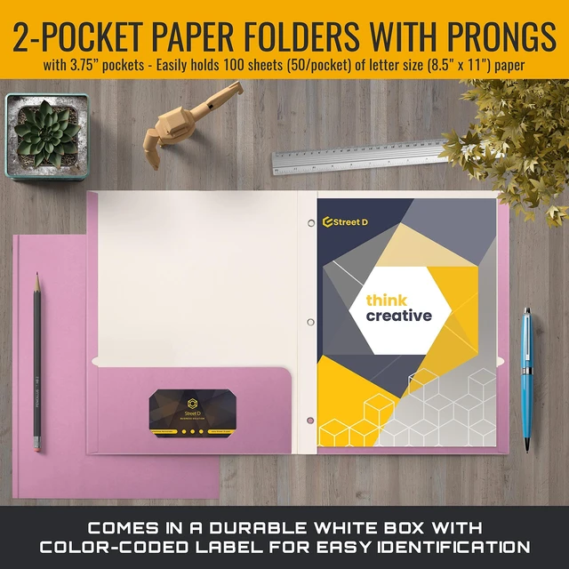 Alt view image 2 of 6 - Pink Paper 2 Pocket Folders with Prongs, 50 Pack, Matte Texture, Letter Size Paper Folders, 50 Pack, with 3 Metal Prong Fastener Clips, Pink
