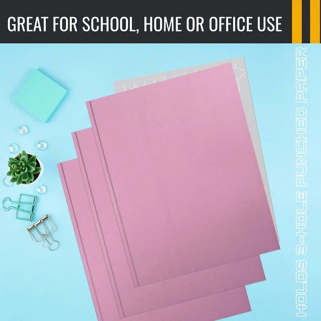 Alt view image 6 of 6 - Pink Paper 2 Pocket Folders with Prongs, 50 Pack, Matte Texture, Letter Size Paper Folders, 50 Pack, with 3 Metal Prong Fastener Clips, Pink