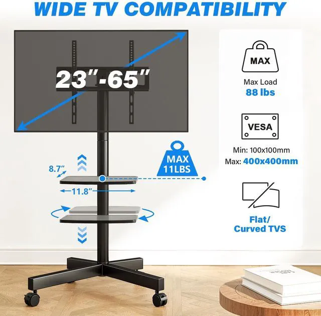 Alt view image 2 of 7 - Mobile TV Stand for 23-65 Inch Flat/Curved TVs up to 88 lbs Black Rolling TV Stand with Adjustable Shelf & Tilt, Portable Floor Stand on Wheels for Bedroom, Living Room, Max VESA 400x400mm