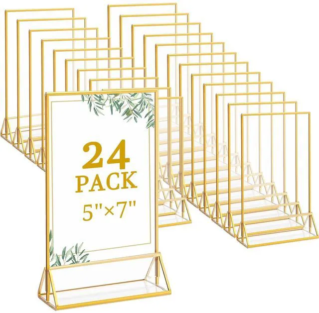 Main image of 24 Pack 5x7 Inch Clear Acrylic Sign Holders, Double-Sided Gold Display Stand Picture Frames for Table Numbers, Menus, Flyers, Weddings, and Offices