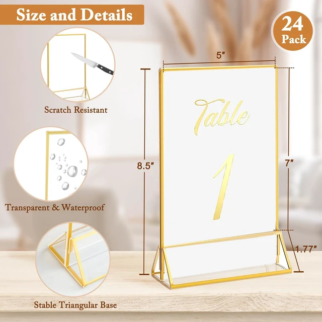 Alt view image 2 of 5 - 24 Pack 5x7 Inch Clear Acrylic Sign Holders, Double-Sided Gold Display Stand Picture Frames for Table Numbers, Menus, Flyers, Weddings, and Offices