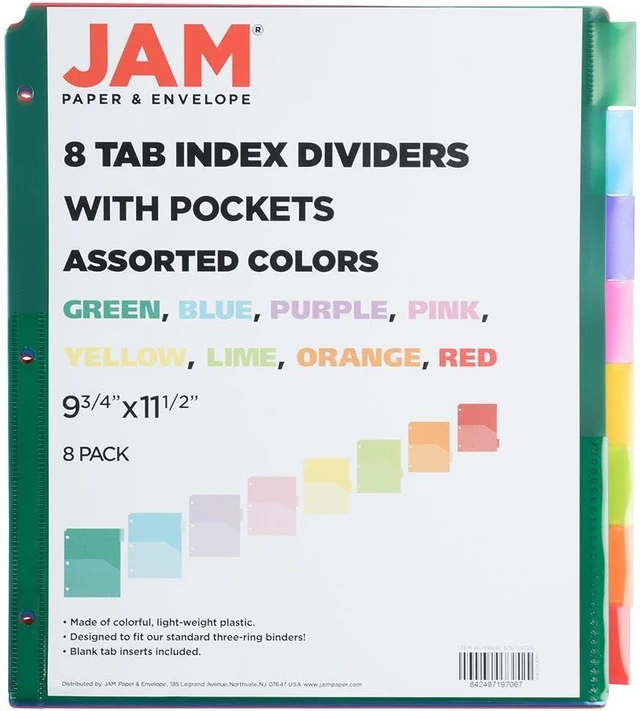 Alt view image 2 of 5 - Plastic Index 8-Tab Dividers w/Double Pockets - 9 3/4 x 11 1/2 - Assorted Multi-Color - 2 Packs of 8 Tabs/Set