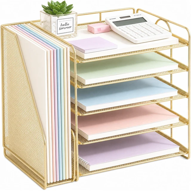 Main image of Desk Organizer, 5-Tier Paper Organizer Letter Tray, Gold Desk Organizers and Accessories, Office Desk Accessories & Workspace Organizers, Desktop File Organizer for Office Supplies