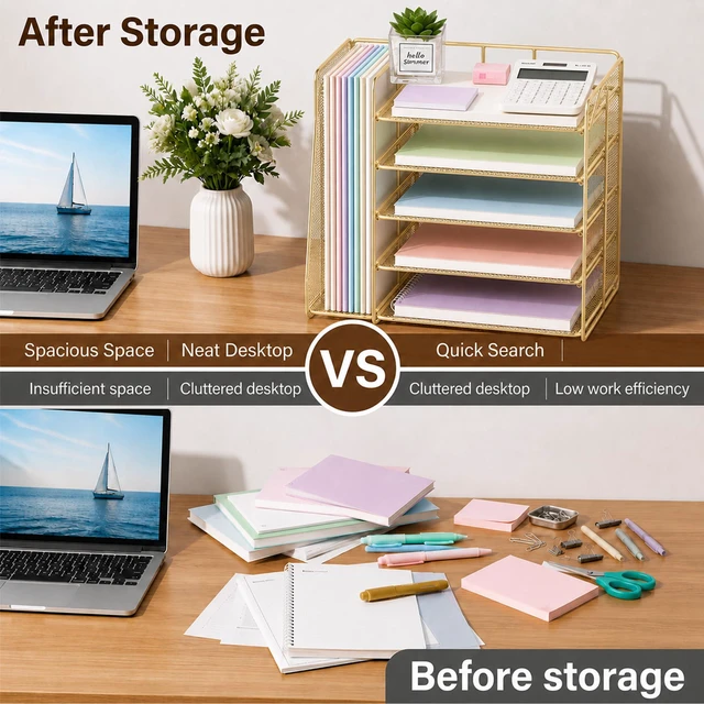Alt view image 2 of 7 - Desk Organizer, 5-Tier Paper Organizer Letter Tray, Gold Desk Organizers and Accessories, Office Desk Accessories & Workspace Organizers, Desktop File Organizer for Office Supplies