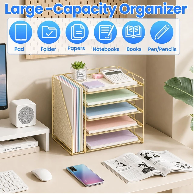 Alt view image 4 of 7 - Desk Organizer, 5-Tier Paper Organizer Letter Tray, Gold Desk Organizers and Accessories, Office Desk Accessories & Workspace Organizers, Desktop File Organizer for Office Supplies