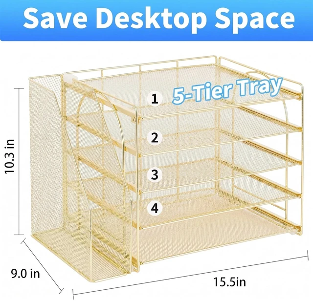 Alt view image 5 of 7 - Desk Organizer, 5-Tier Paper Organizer Letter Tray, Gold Desk Organizers and Accessories, Office Desk Accessories & Workspace Organizers, Desktop File Organizer for Office Supplies
