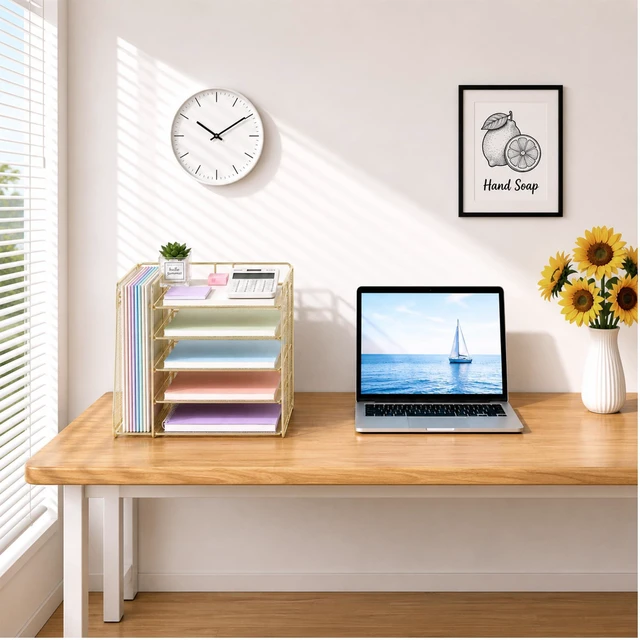 Alt view image 7 of 7 - Desk Organizer, 5-Tier Paper Organizer Letter Tray, Gold Desk Organizers and Accessories, Office Desk Accessories & Workspace Organizers, Desktop File Organizer for Office Supplies