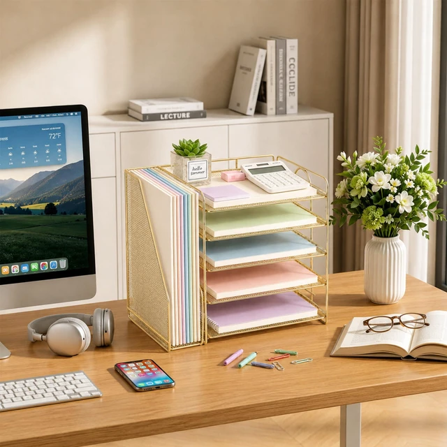 Alt view image 6 of 7 - Desk Organizer, 5-Tier Paper Organizer Letter Tray, Gold Desk Organizers and Accessories, Office Desk Accessories & Workspace Organizers, Desktop File Organizer for Office Supplies