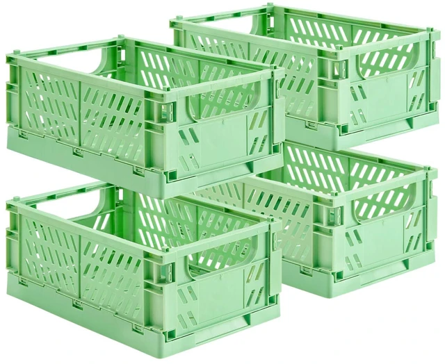 Main image of 4-Pack Collapsible Plastic Storage Baskets, Green, 9.8"x6.5"x3.8" Pastel, Space-Saving, Collapsible Plastic Bins, Cute Mini Storage Crates, for Classroom, Kitchen, Office, Bedroom
