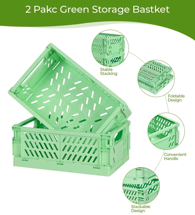Alt view image 2 of 5 - 2-Pack Collapsible Plastic Storage Baskets, Green, 9.8"x6.5"x3.8" Pastel, Space-Saving, Collapsible Plastic Bins, Cute Mini Storage Crates, for Classroom, Kitchen, Office, Bedroom
