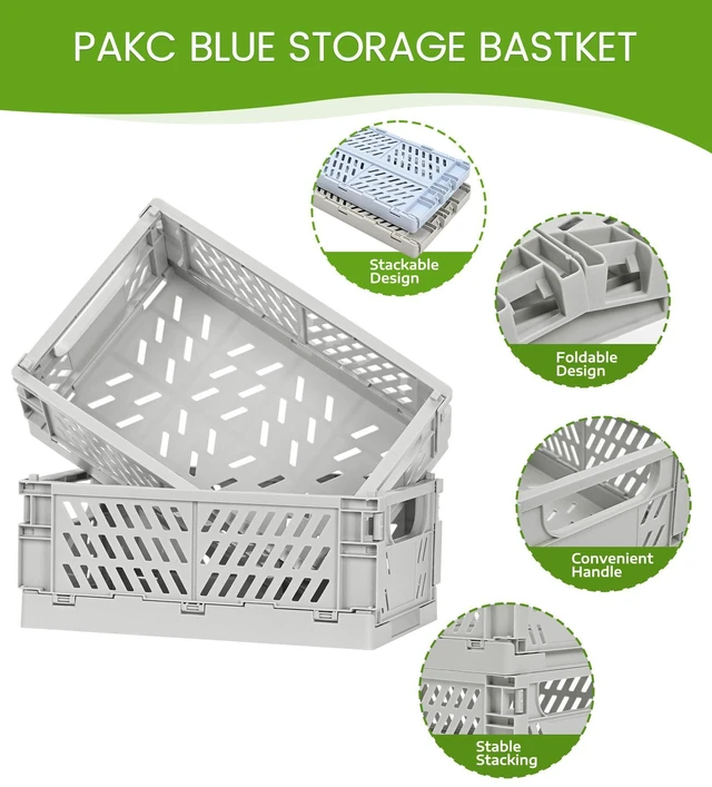 Alt view image 2 of 5 - 4-Pack Collapsible Plastic Storage Baskets, Grey, 9.8"x6.5"x3.8" Pastel, Space-Saving, Collapsible Plastic Bins, Cute Mini Storage Crates, for Classroom, Kitchen, Office, Bedroom