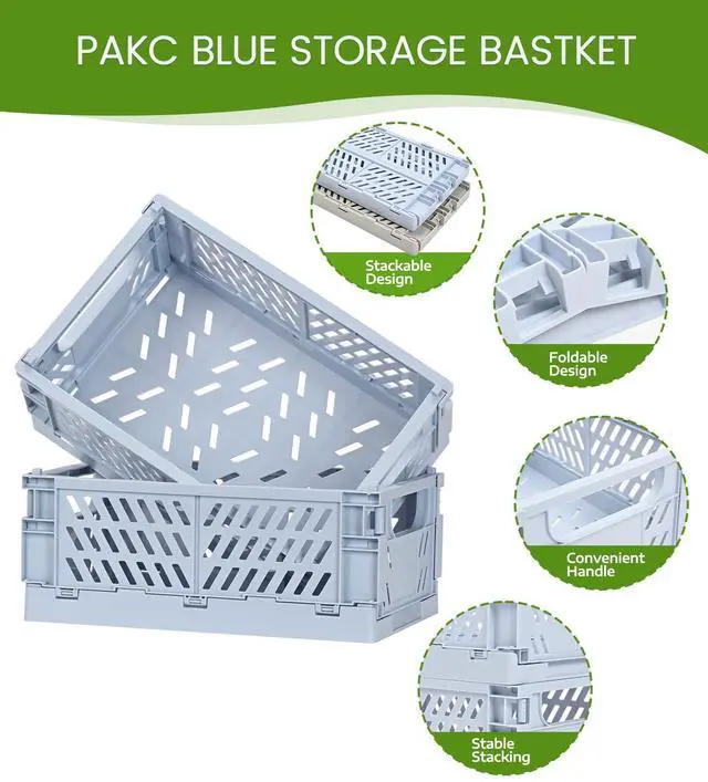 Alt view image 2 of 5 - 4-Pack Collapsible Plastic Storage Baskets, Blue, 9.8"x6.5"x3.8" Pastel, Space-Saving, Collapsible Plastic Bins, Cute Mini Storage Crates, for Classroom, Kitchen, Office, Bedroom