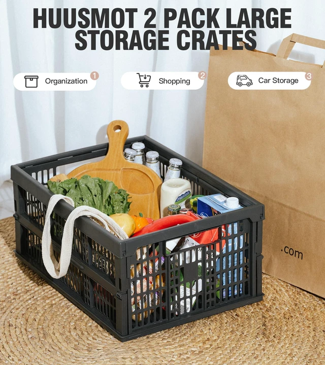 Alt view image 2 of 6 - 2-Pack Collapsible Plastic Storage Baskets, Dark Grey, 19"x13"x9" Pastel, Space-Saving, Collapsible Plastic Bins, Cute Mini Storage Crates, for Classroom, Kitchen, Office, Bedroom