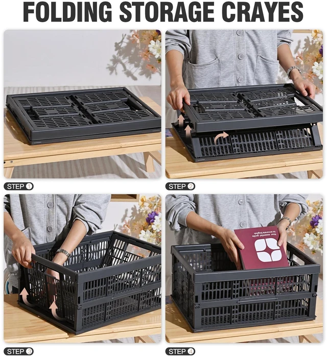 Alt view image 4 of 6 - 2-Pack Collapsible Plastic Storage Baskets, Dark Grey, 19"x13"x9" Pastel, Space-Saving, Collapsible Plastic Bins, Cute Mini Storage Crates, for Classroom, Kitchen, Office, Bedroom
