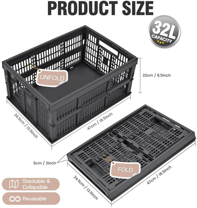 Alt view image 3 of 6 - 2-Pack Collapsible Plastic Storage Baskets, Dark Grey, 19"x13"x9" Pastel, Space-Saving, Collapsible Plastic Bins, Cute Mini Storage Crates, for Classroom, Kitchen, Office, Bedroom