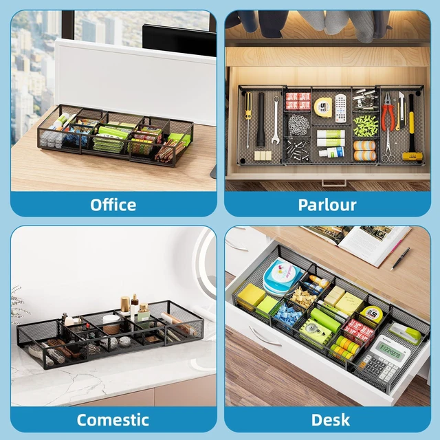Alt view image 4 of 7 - Expandable Desk Drawer Organizer, Mesh Drawer Organizer Tray with 10 Adjustable Compartments, Desk Organizers and Accessories for Office Supplies (Longer Expandable Drawer Organizer-B)