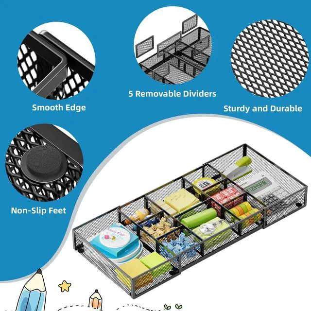 Alt view image 6 of 7 - Expandable Desk Drawer Organizer, Mesh Drawer Organizer Tray with 10 Adjustable Compartments, Desk Organizers and Accessories for Office Supplies (Longer Expandable Drawer Organizer-B)