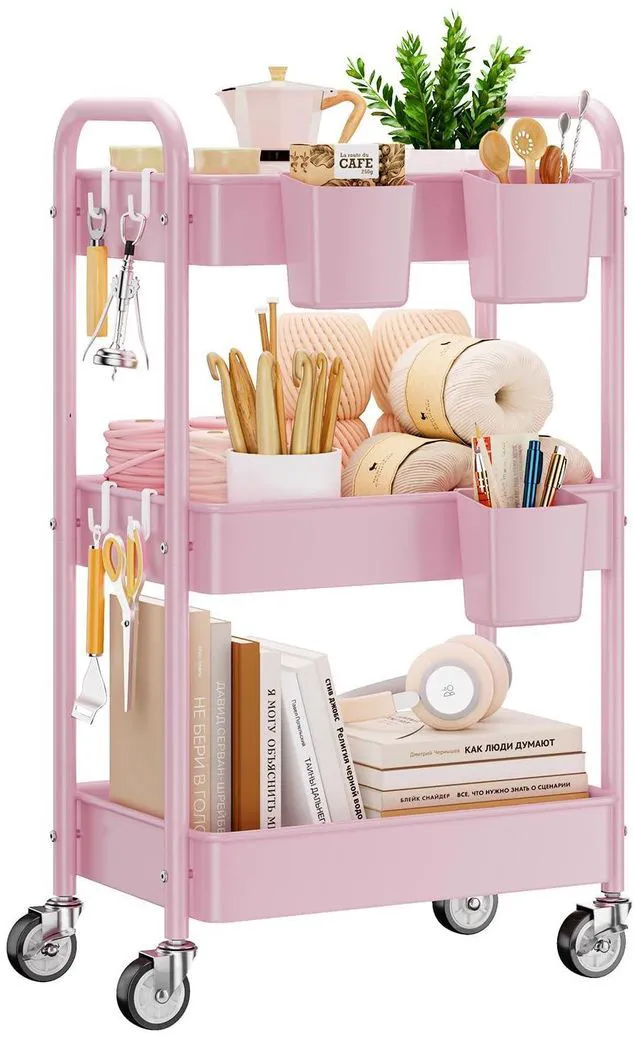 Main image of 3 Tier Rolling Cart, Heavy Duty Metal Utility Cart with Wheel Pink Sturdy Rolling Storage Cart With Hooks & Hanging Cups, Great For Craft, Art Workspace, Kitchen,Snack And Office Storage