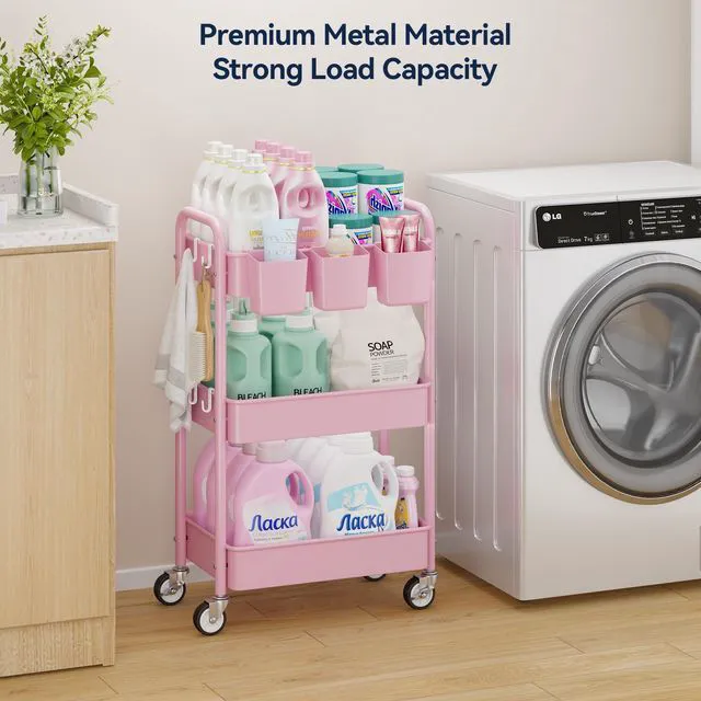Alt view image 2 of 7 - 3 Tier Rolling Cart, Heavy Duty Metal Utility Cart with Wheel Pink Sturdy Rolling Storage Cart With Hooks & Hanging Cups, Great For Craft, Art Workspace, Kitchen,Snack And Office Storage