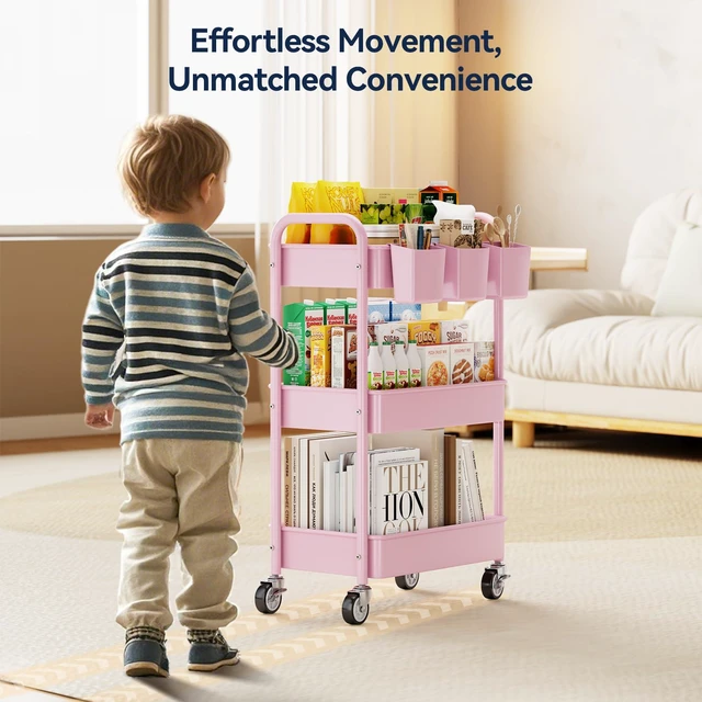 Alt view image 3 of 7 - 3 Tier Rolling Cart, Heavy Duty Metal Utility Cart with Wheel Pink Sturdy Rolling Storage Cart With Hooks & Hanging Cups, Great For Craft, Art Workspace, Kitchen,Snack And Office Storage