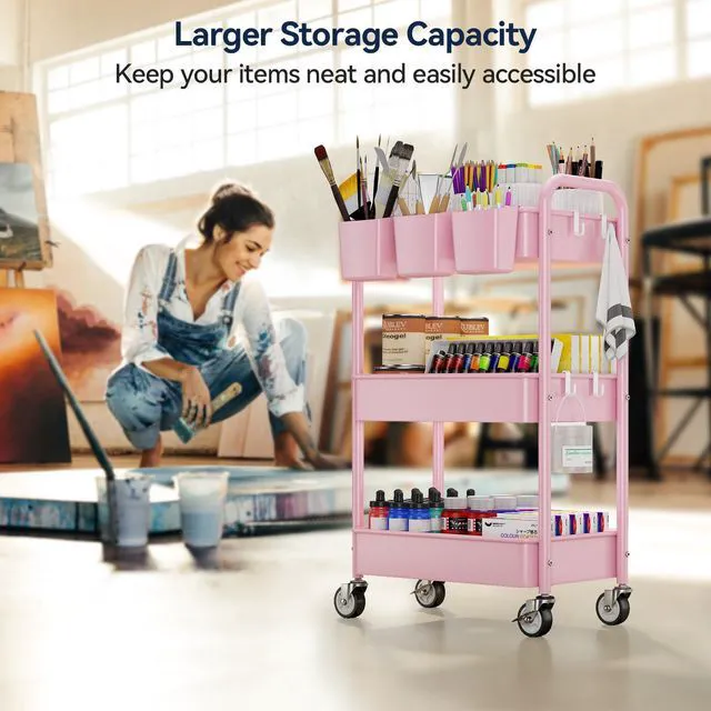 Alt view image 4 of 7 - 3 Tier Rolling Cart, Heavy Duty Metal Utility Cart with Wheel Pink Sturdy Rolling Storage Cart With Hooks & Hanging Cups, Great For Craft, Art Workspace, Kitchen,Snack And Office Storage