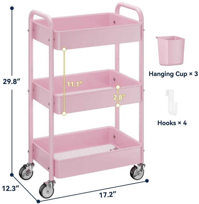Alt view image 6 of 7 - 3 Tier Rolling Cart, Heavy Duty Metal Utility Cart with Wheel Pink Sturdy Rolling Storage Cart With Hooks & Hanging Cups, Great For Craft, Art Workspace, Kitchen,Snack And Office Storage