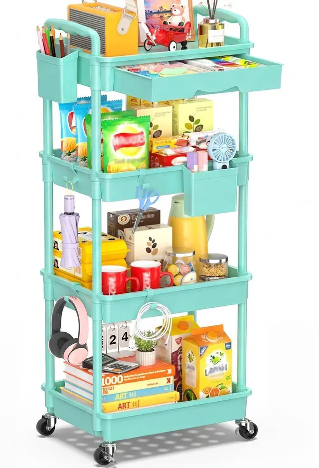 Main image of 4 Tier Rolling Cart with Drawer, Craft Storage Cart Organizer, Blue Bathroom Storage Organizer with 2 Lockable Wheels, Rolling Utility Cart for Kitchen, Office, Baby, Makeup, Nail,Snack,Laundry
