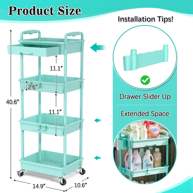 Alt view image 2 of 7 - 4 Tier Rolling Cart with Drawer, Craft Storage Cart Organizer, Blue Bathroom Storage Organizer with 2 Lockable Wheels, Rolling Utility Cart for Kitchen, Office, Baby, Makeup, Nail,Snack,Laundry