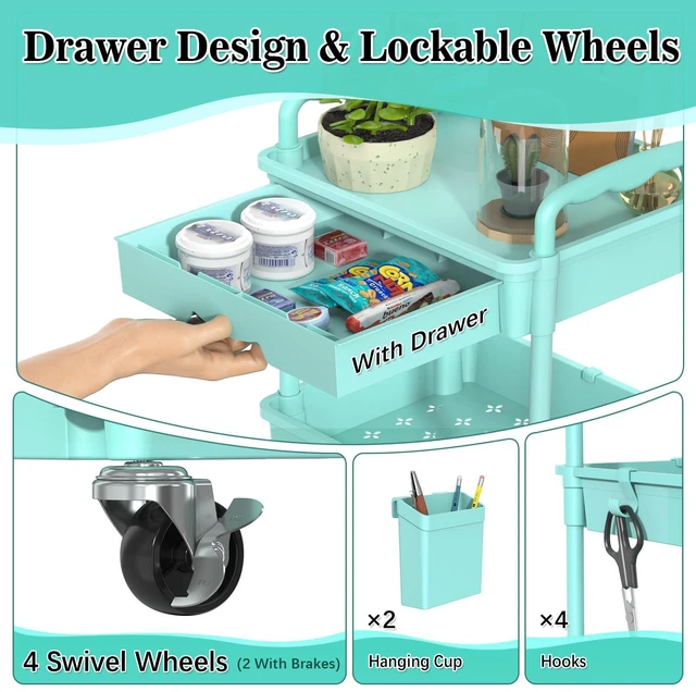 Alt view image 3 of 7 - 3 Tier Rolling Cart with Drawer, Craft Storage Cart Organizer, Blue Bathroom Storage Organizer with 2 Lockable Wheels, Rolling Utility Cart for Kitchen, Office, Baby, Makeup, Nail,Snack,Laundry
