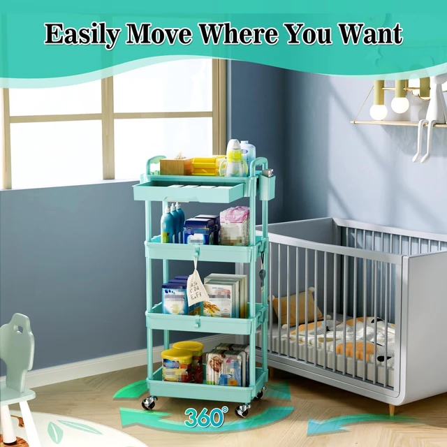 Alt view image 4 of 7 - 4 Tier Rolling Cart with Drawer, Craft Storage Cart Organizer, Blue Bathroom Storage Organizer with 2 Lockable Wheels, Rolling Utility Cart for Kitchen, Office, Baby, Makeup, Nail,Snack,Laundry
