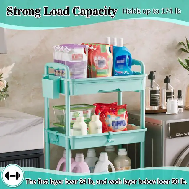 Alt view image 5 of 7 - 4 Tier Rolling Cart with Drawer, Craft Storage Cart Organizer, Blue Bathroom Storage Organizer with 2 Lockable Wheels, Rolling Utility Cart for Kitchen, Office, Baby, Makeup, Nail,Snack,Laundry