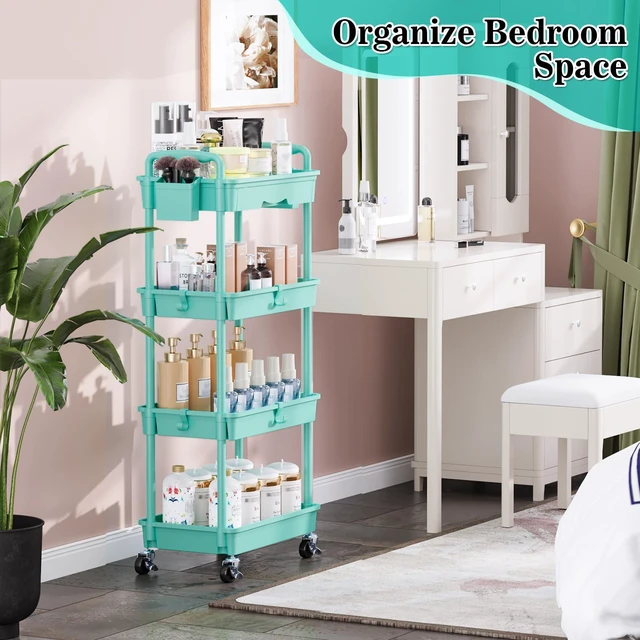 Alt view image 7 of 7 - 4 Tier Rolling Cart with Drawer, Craft Storage Cart Organizer, Blue Bathroom Storage Organizer with 2 Lockable Wheels, Rolling Utility Cart for Kitchen, Office, Baby, Makeup, Nail,Snack,Laundry