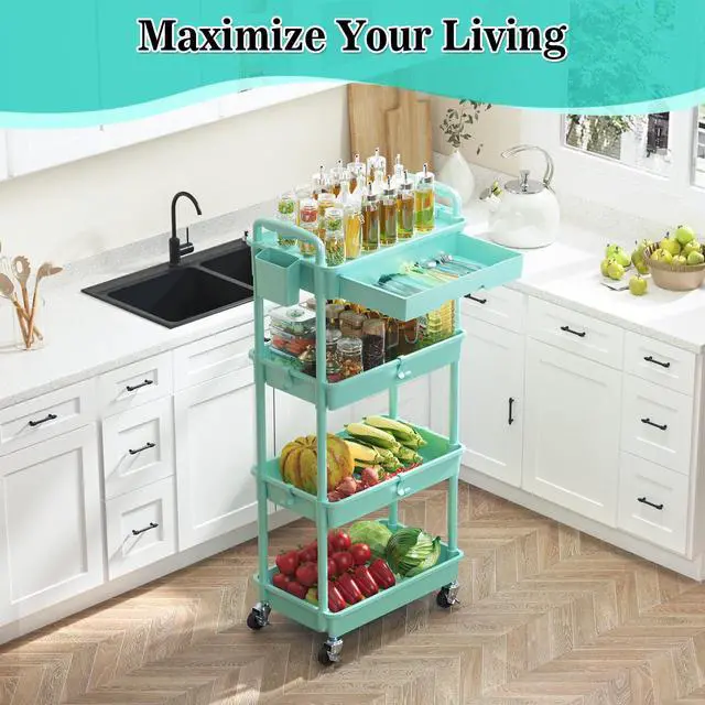 Alt view image 6 of 7 - 4 Tier Rolling Cart with Drawer, Craft Storage Cart Organizer, Blue Bathroom Storage Organizer with 2 Lockable Wheels, Rolling Utility Cart for Kitchen, Office, Baby, Makeup, Nail,Snack,Laundry