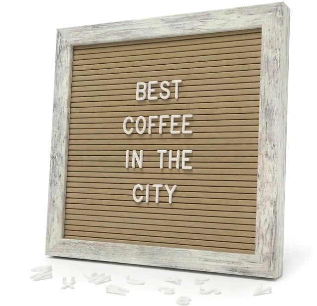 Main image of Rustic Cappuccino Felt Letter Board 10x10 Inch with Stand and Wood Frame 336 letters, numbers and symbols; changeable message board with wall mount for home notes, welcome messages and reminders