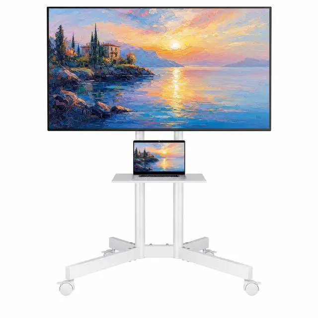 Main image of Rolling TV Stand with Tilt, Mobile TV Cart for 3285 Inch TVs, White Portable Stand with Laptop Shelf, Locking Wheels, Outdoor TV Stand for LED LCD Flat Curved, Holds 132 lbs, Max VESA 600x400mm