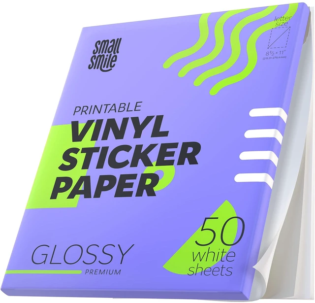 Main image of Premium Printable Vinyl Sticker Paper for Inkjet Printer and Laser - 50 White Glossy Sticker Paper Waterproof - Durability Adhesive Paper 8.5 x 11, Fast Dry, Holds Ink Well, Great for Cutting Machines