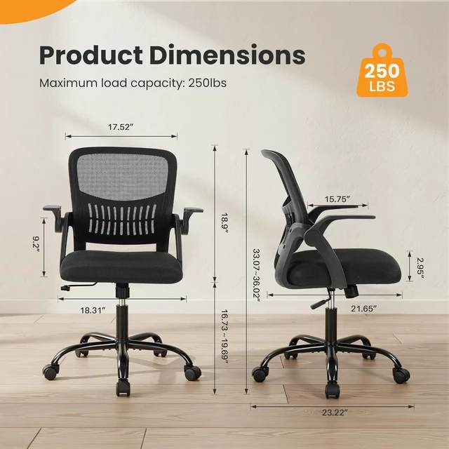 Alt view image 2 of 7 - Computer Desk Chair, Home Office Chair, Lumbar Support, Black Flip Up Armrest, Adjustable Height, 360° Swivel Wheels, Ergonomic Mesh Mid-Back, Comfy Arms Bedroom Study