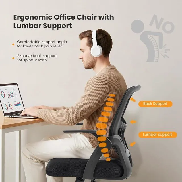 Alt view image 3 of 7 - Computer Desk Chair, Home Office Chair, Lumbar Support, Black Flip Up Armrest, Adjustable Height, 360° Swivel Wheels, Ergonomic Mesh Mid-Back, Comfy Arms Bedroom Study