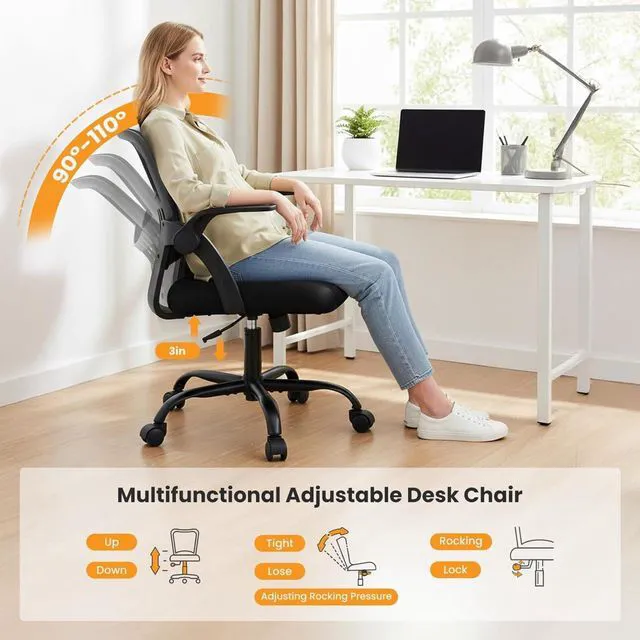 Alt view image 6 of 7 - Computer Desk Chair, Home Office Chair, Lumbar Support, Black Flip Up Armrest, Adjustable Height, 360° Swivel Wheels, Ergonomic Mesh Mid-Back, Comfy Arms Bedroom Study