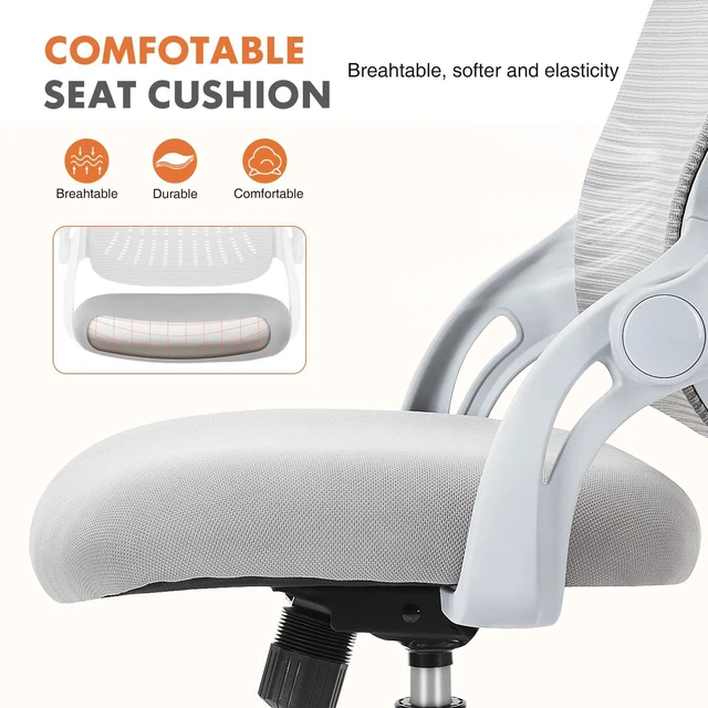 Alt view image 4 of 7 - Home Office Chair, Mesh Office Chair, Lumbar Support, Grey Adjustable Height, 360° Swivel Wheels, Mid-Back, Comfy Flip-up Arms for Small Space, Study, Managerial Executive, Grey