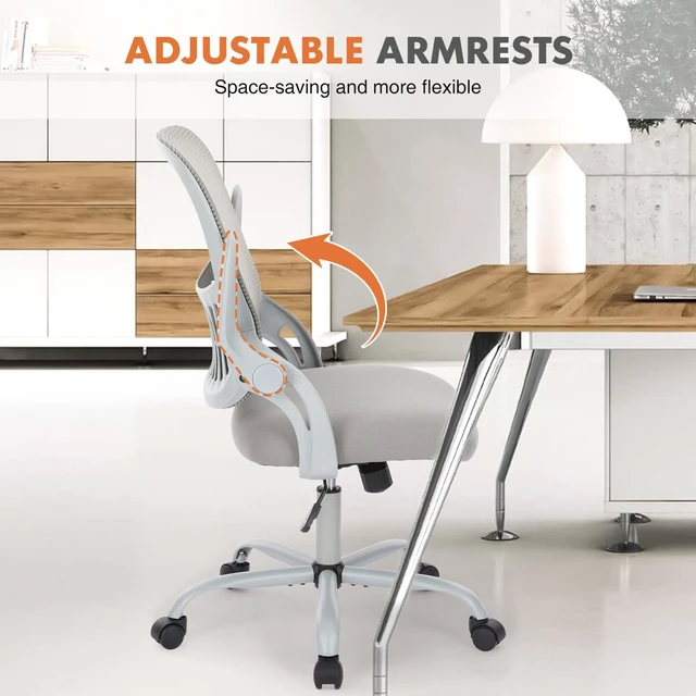 Alt view image 6 of 7 - Home Office Chair, Mesh Office Chair, Lumbar Support, Grey Adjustable Height, 360° Swivel Wheels, Mid-Back, Comfy Flip-up Arms for Small Space, Study, Managerial Executive, Grey