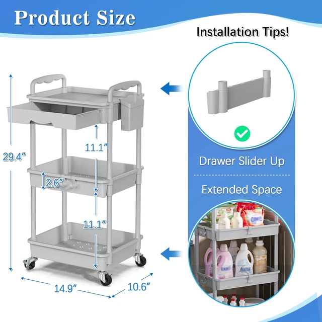 Alt view image 2 of 6 - 3 Tier Rolling Cart with Drawer, Craft Storage Cart Organizer, Gray Bathroom Storage Organizer with 2 Lockable Wheels, Rolling Utility Cart for Kitchen, Office, Baby, Makeup, Nail,Snack,Laundry