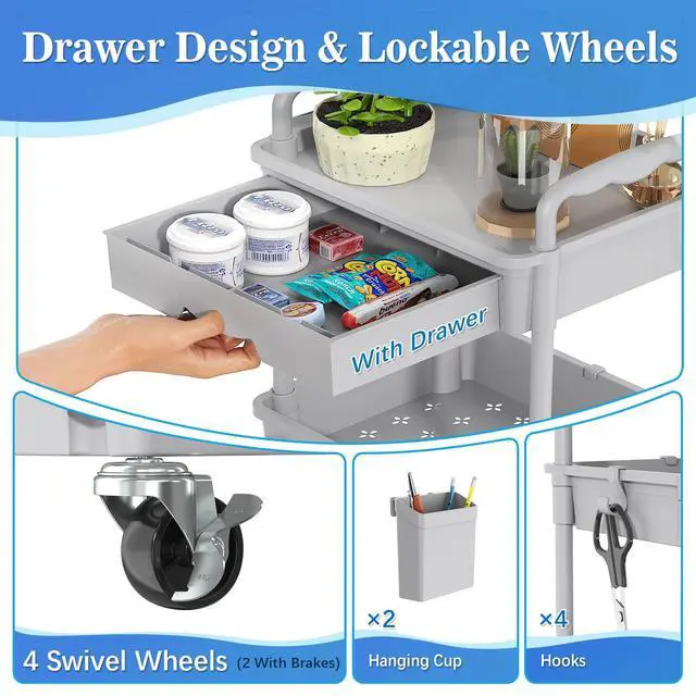 Alt view image 3 of 6 - 3 Tier Rolling Cart with Drawer, Craft Storage Cart Organizer, Gray Bathroom Storage Organizer with 2 Lockable Wheels, Rolling Utility Cart for Kitchen, Office, Baby, Makeup, Nail,Snack,Laundry