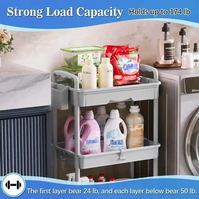 Alt view image 4 of 6 - 3 Tier Rolling Cart with Drawer, Craft Storage Cart Organizer, Gray Bathroom Storage Organizer with 2 Lockable Wheels, Rolling Utility Cart for Kitchen, Office, Baby, Makeup, Nail,Snack,Laundry